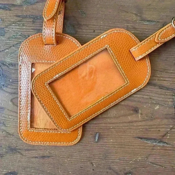 Lillian Vernon Set of 2 Orange Real Leather Luggage Tags NWOT - Picture 2 of 4